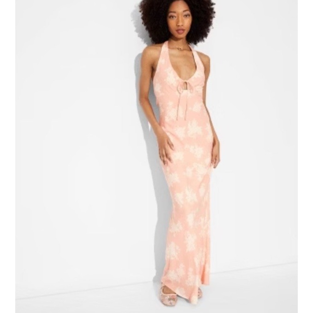 Wild Fable Maxi Dress Boho XXL‎ Fairy Peach Orange Halter Floral Coconut Pastel